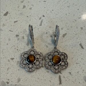 Joseph Esposito Sterling Silver Floral Drop Earrings with Tiger's Eye Center